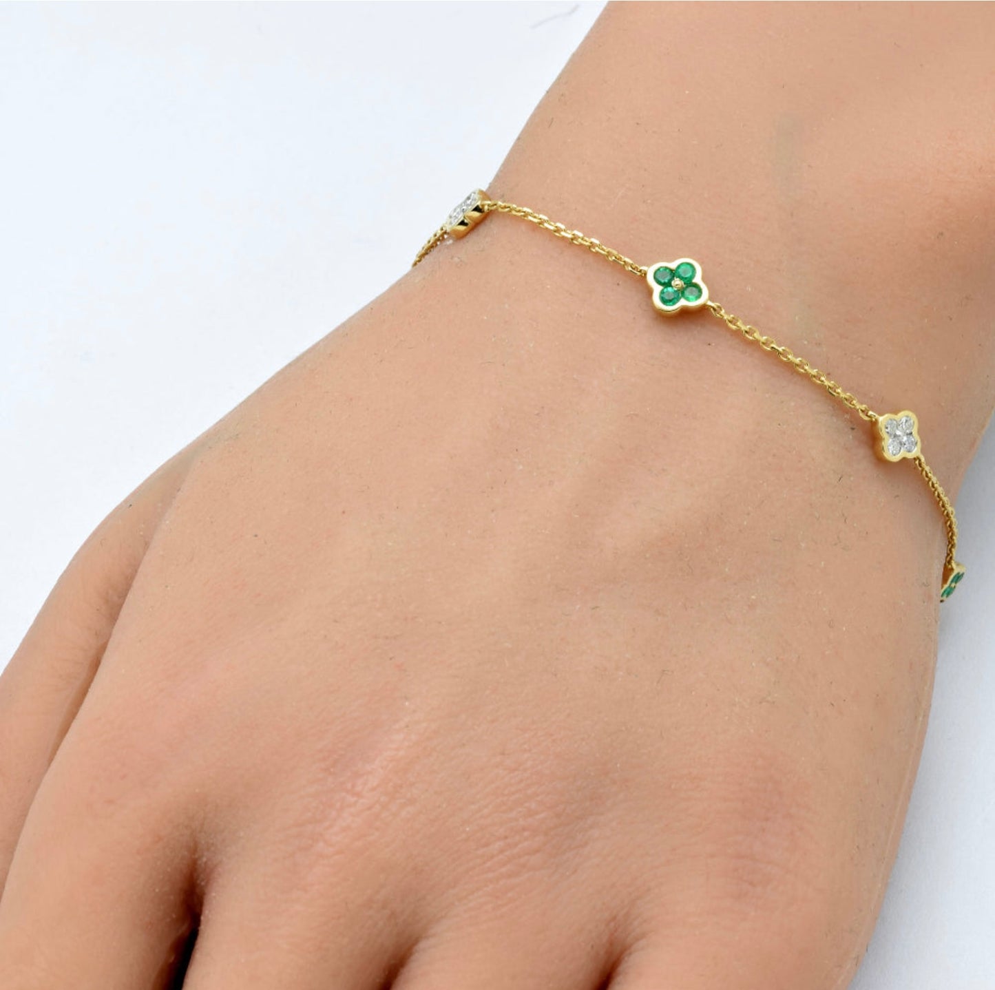Emerald and Diamond Clover Station Bracelet