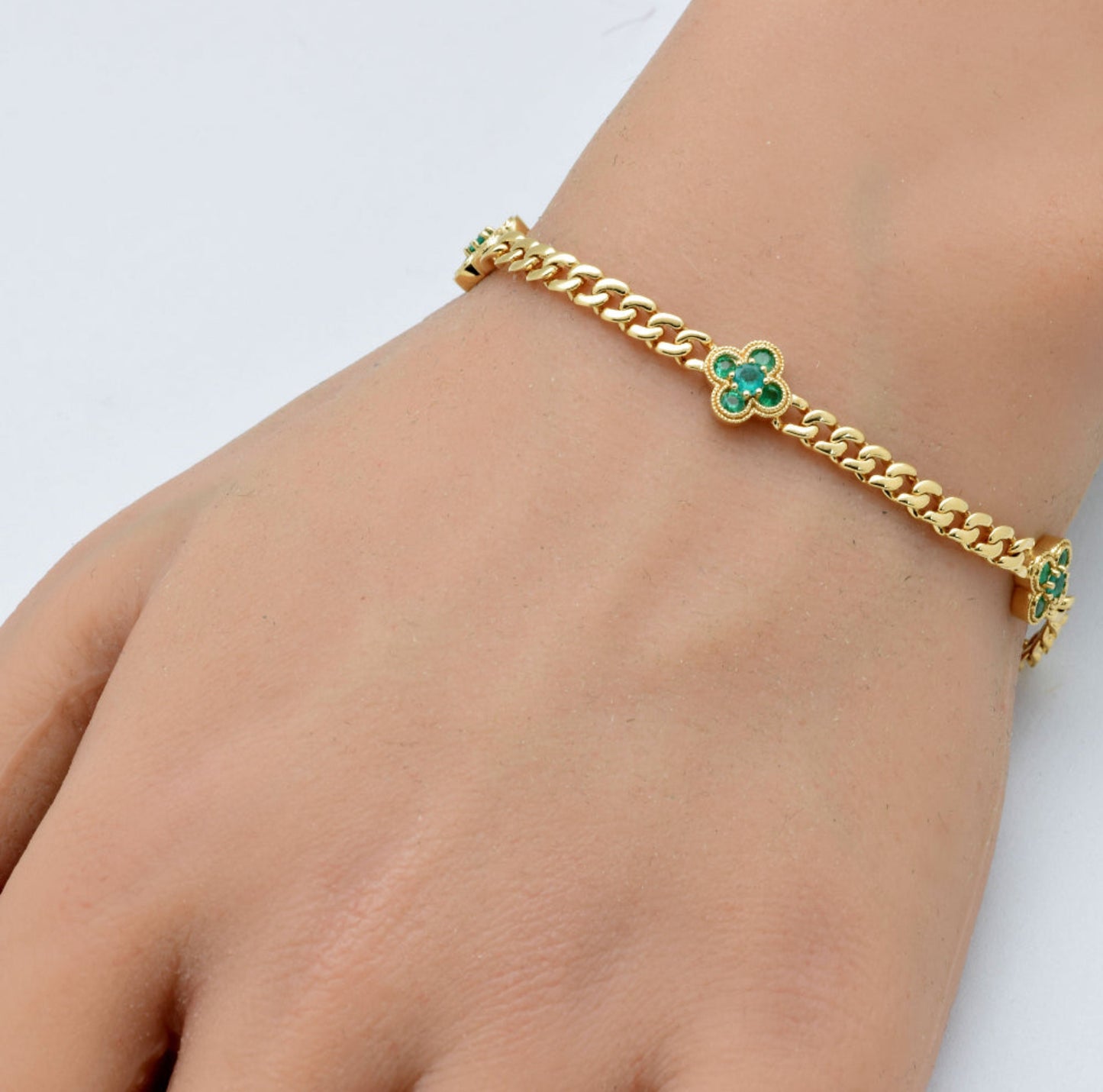 3 Emerld Clover Station Cuban Bracelet