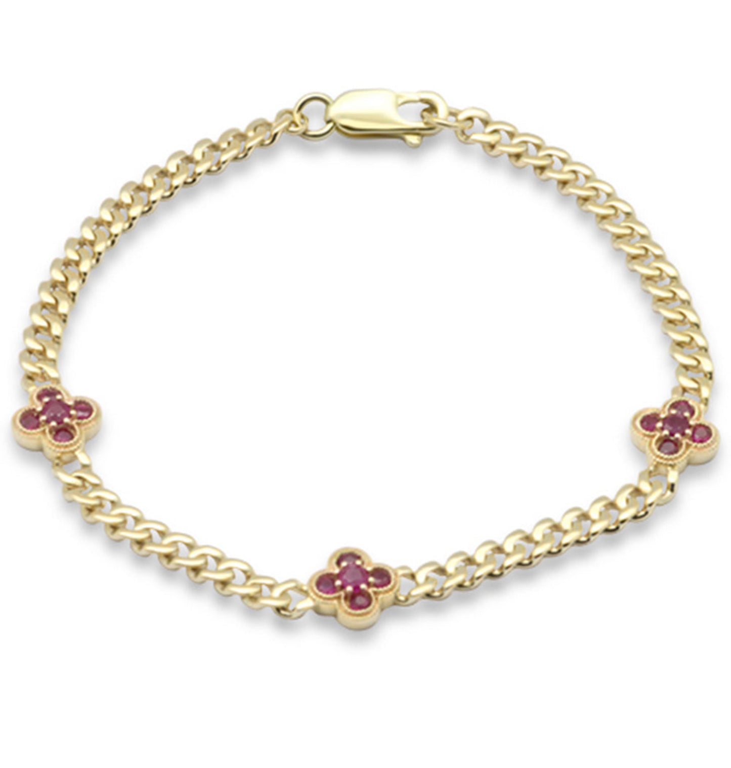 3 Ruby Clover Station Cuban Bracelet