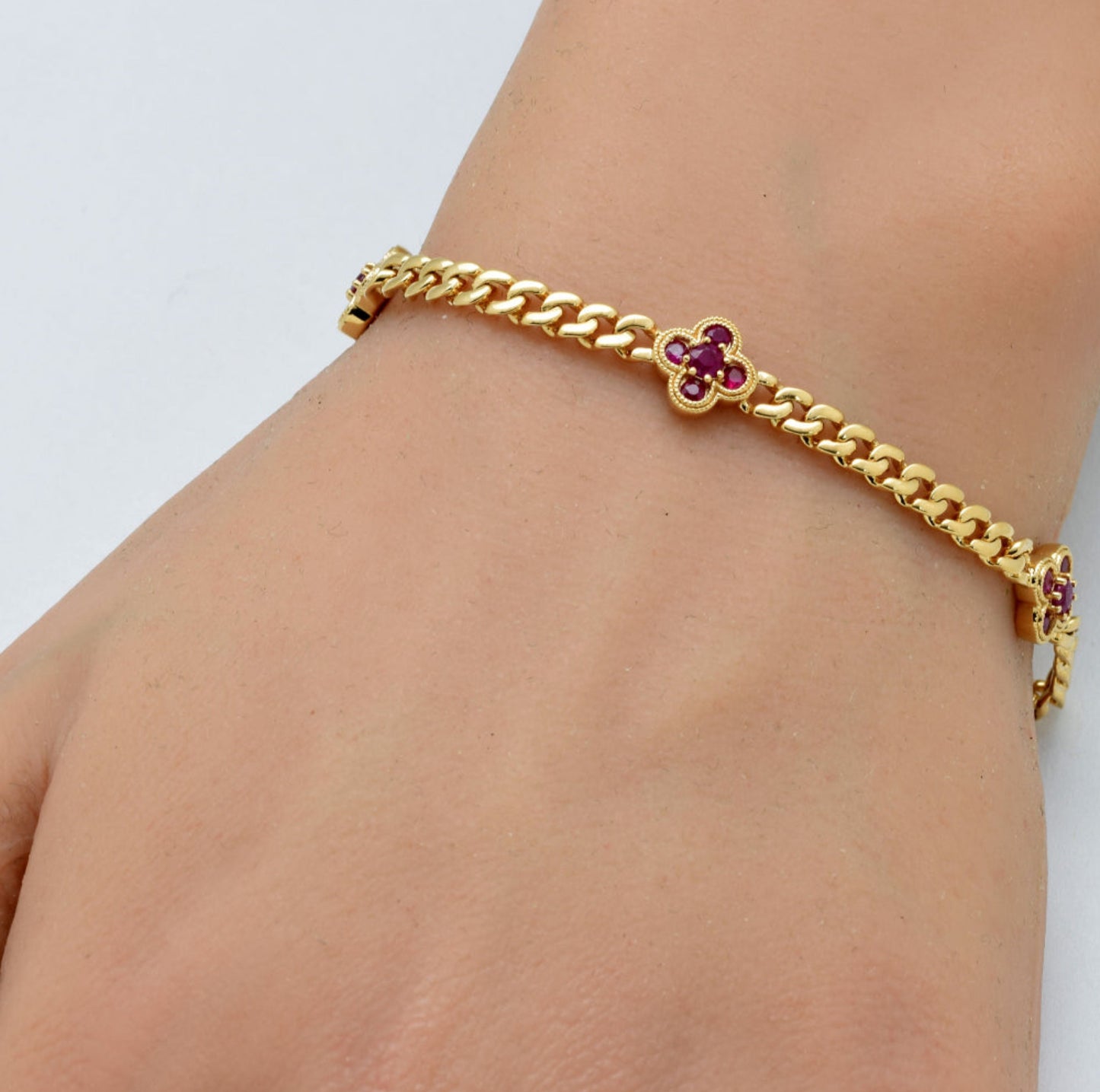 3 Ruby Clover Station Cuban Bracelet