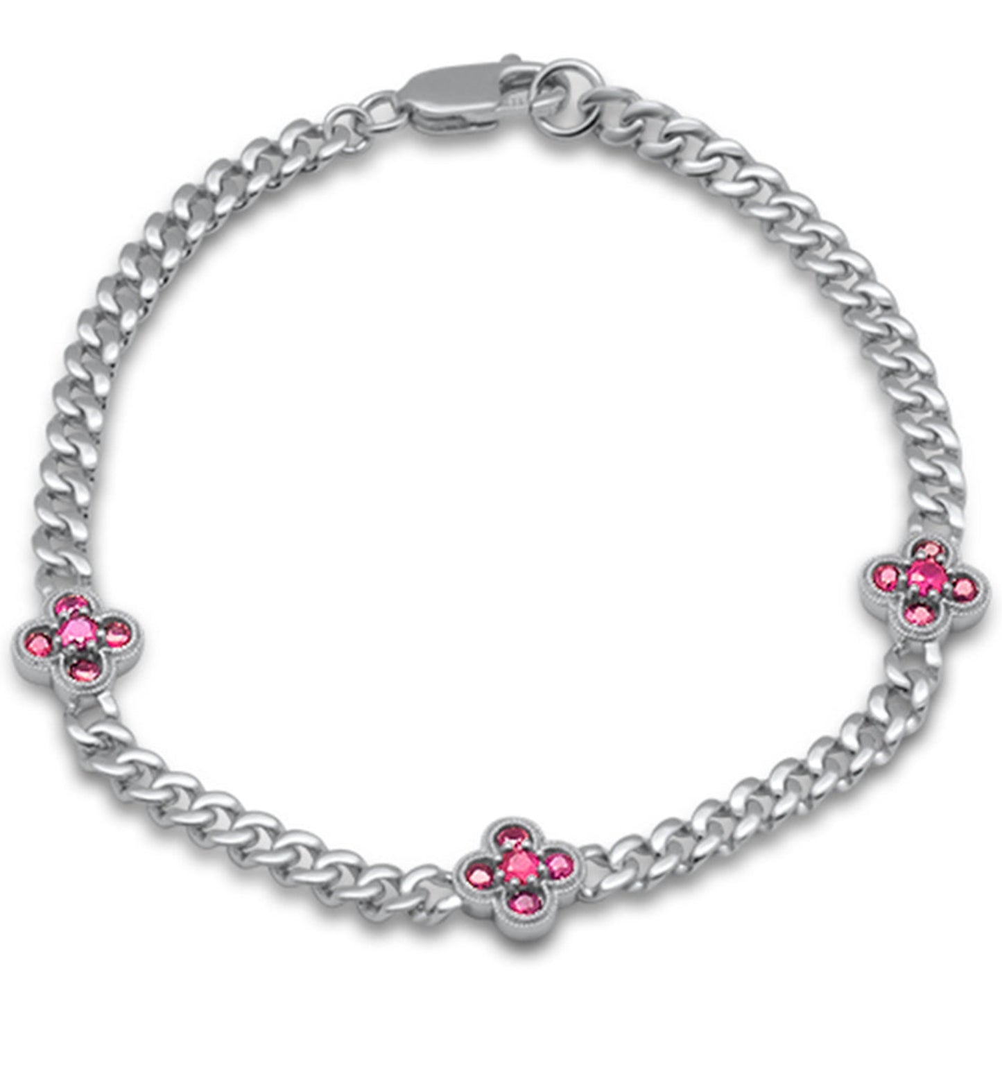 3 Ruby Clover Station Cuban Bracelet