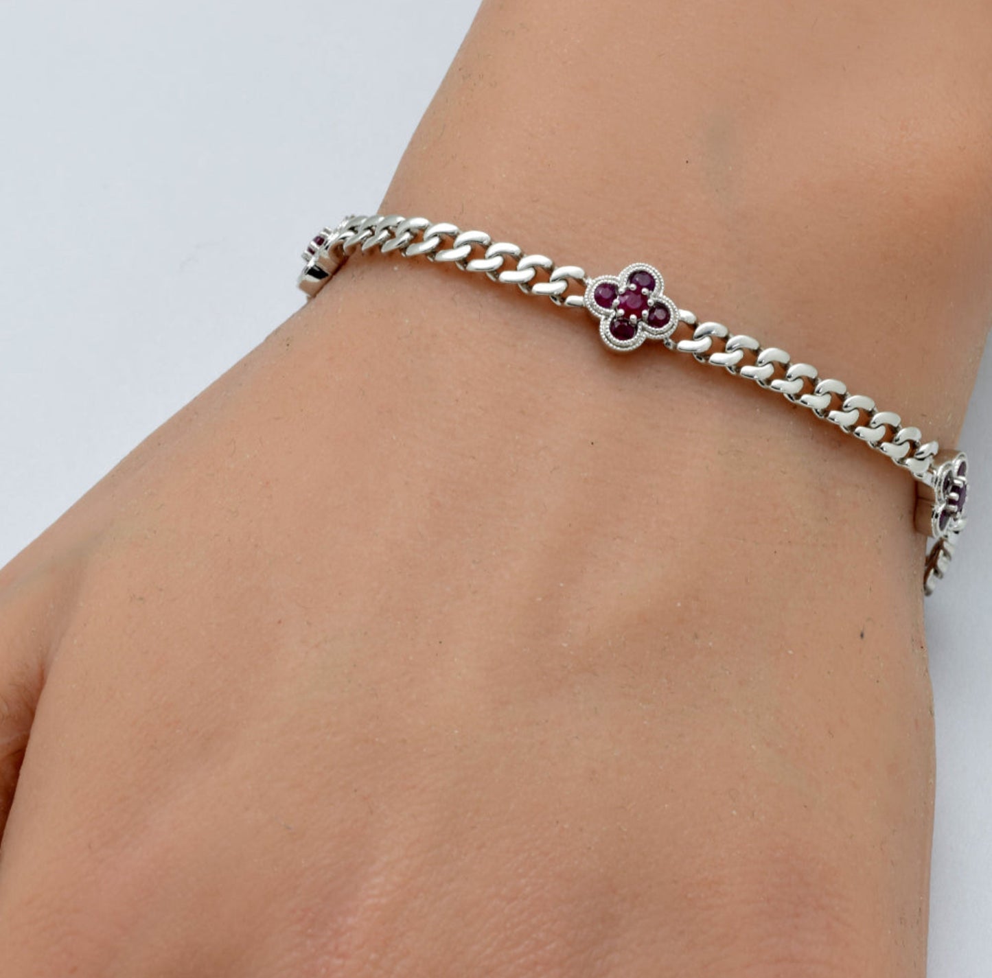 3 Ruby Clover Station Cuban Bracelet