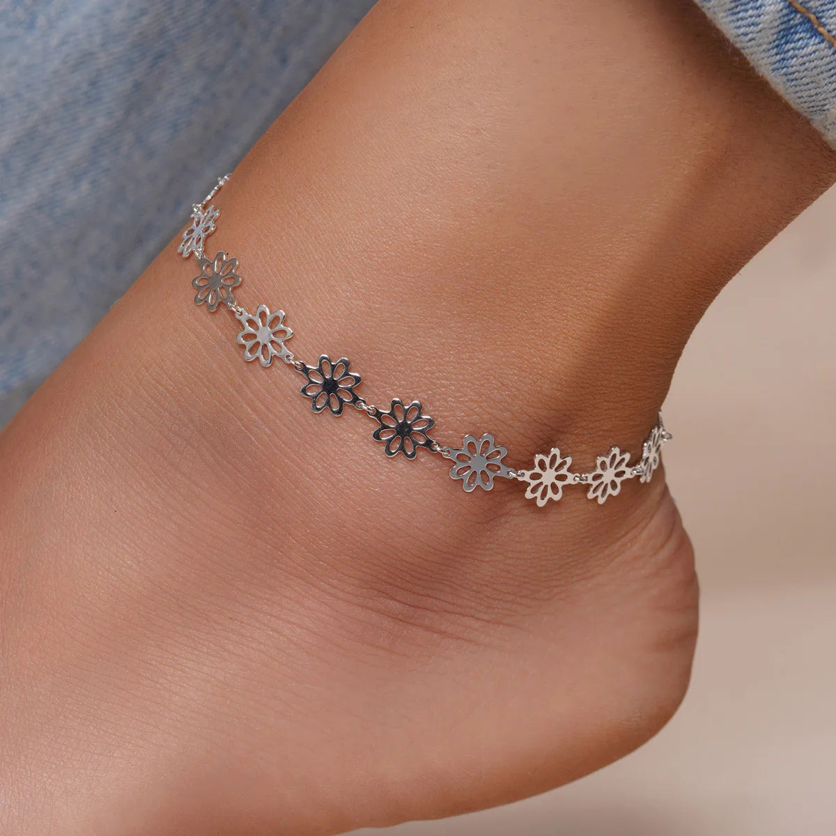 Sterling Silver Flowers Anklet