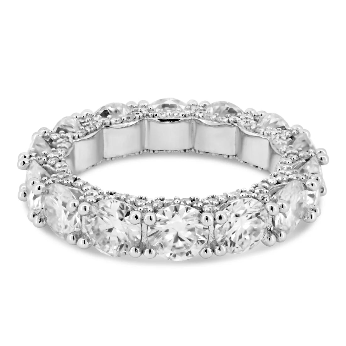 Sterling silver Round moissanite eternity band with pave detail ￼