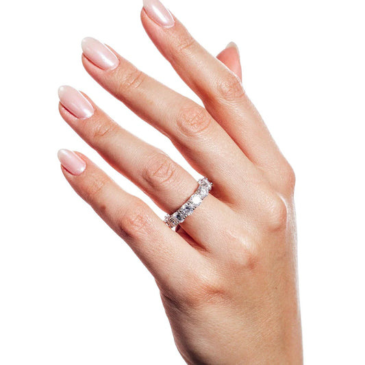 Sterling silver Round moissanite eternity band with pave detail ￼