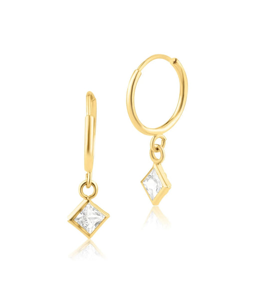 Gold Bezeled Princess Dangle Earrings