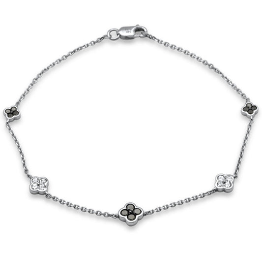 Black and White Diamond Clover Station Bracelet