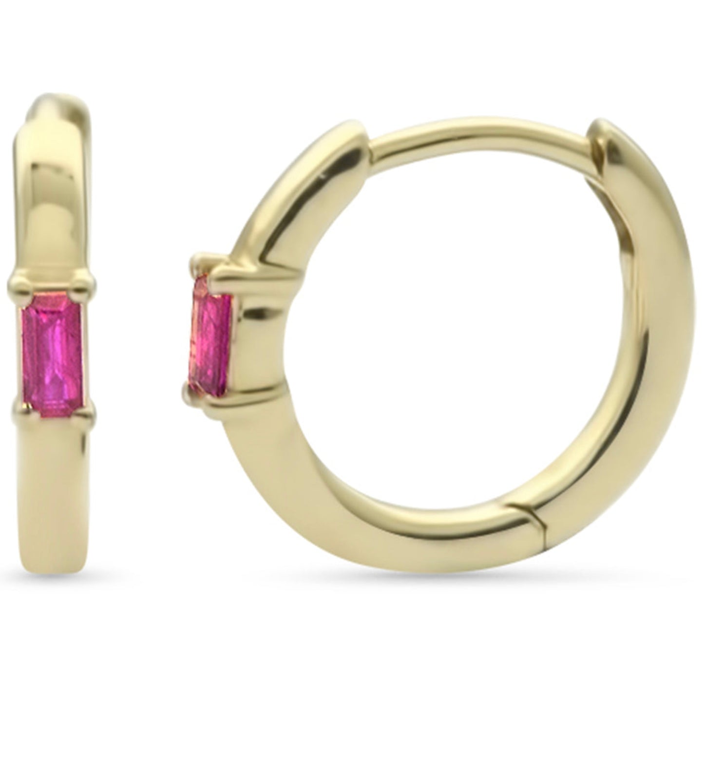 Baguette Cut Ruby Huggie Earrings