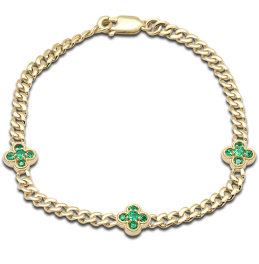 3 Emerld Clover Station Cuban Bracelet