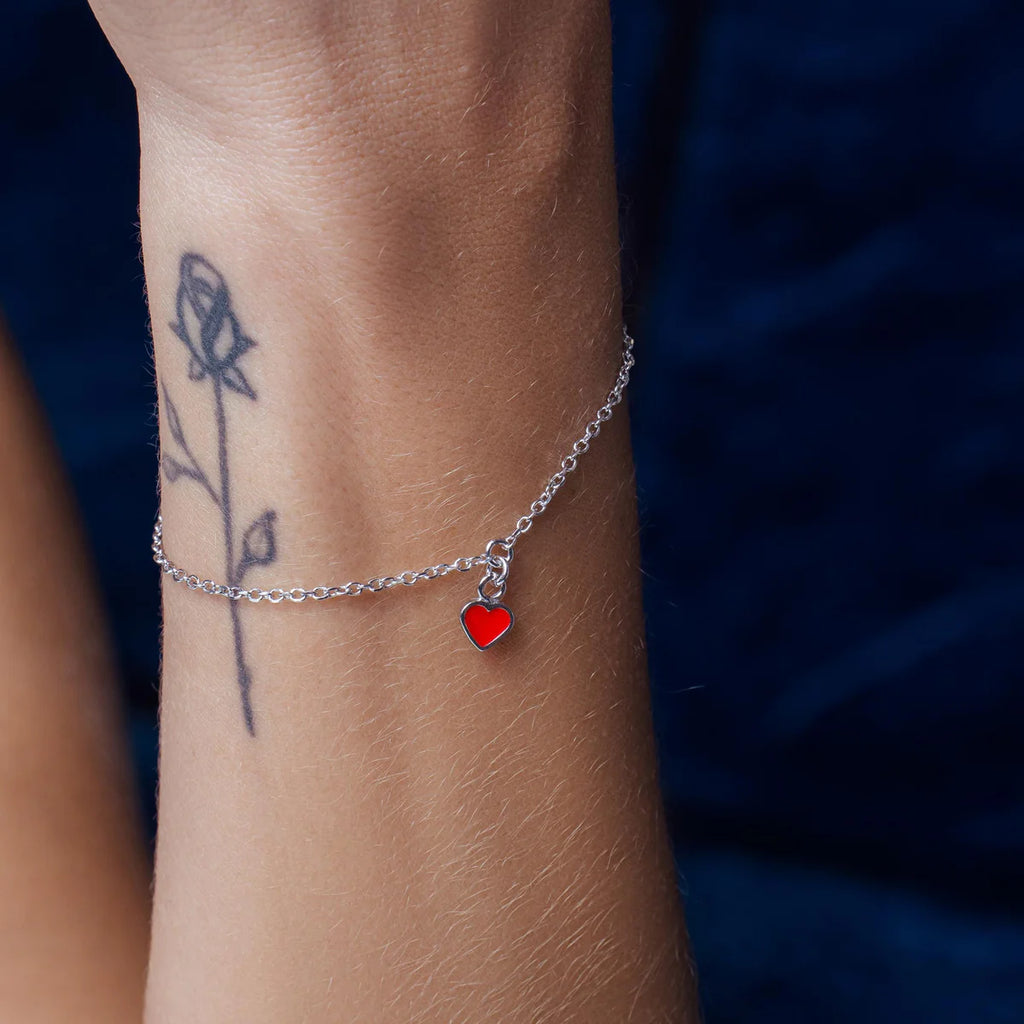 Sterling Silver Red Enamel Heart Bracelet