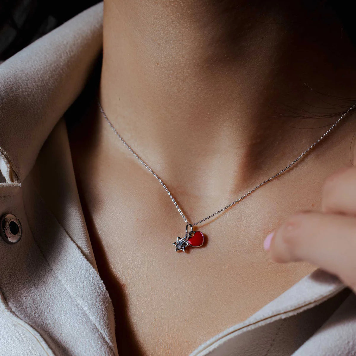 Sterling Silver Star of David and Enamel Heart Necklace