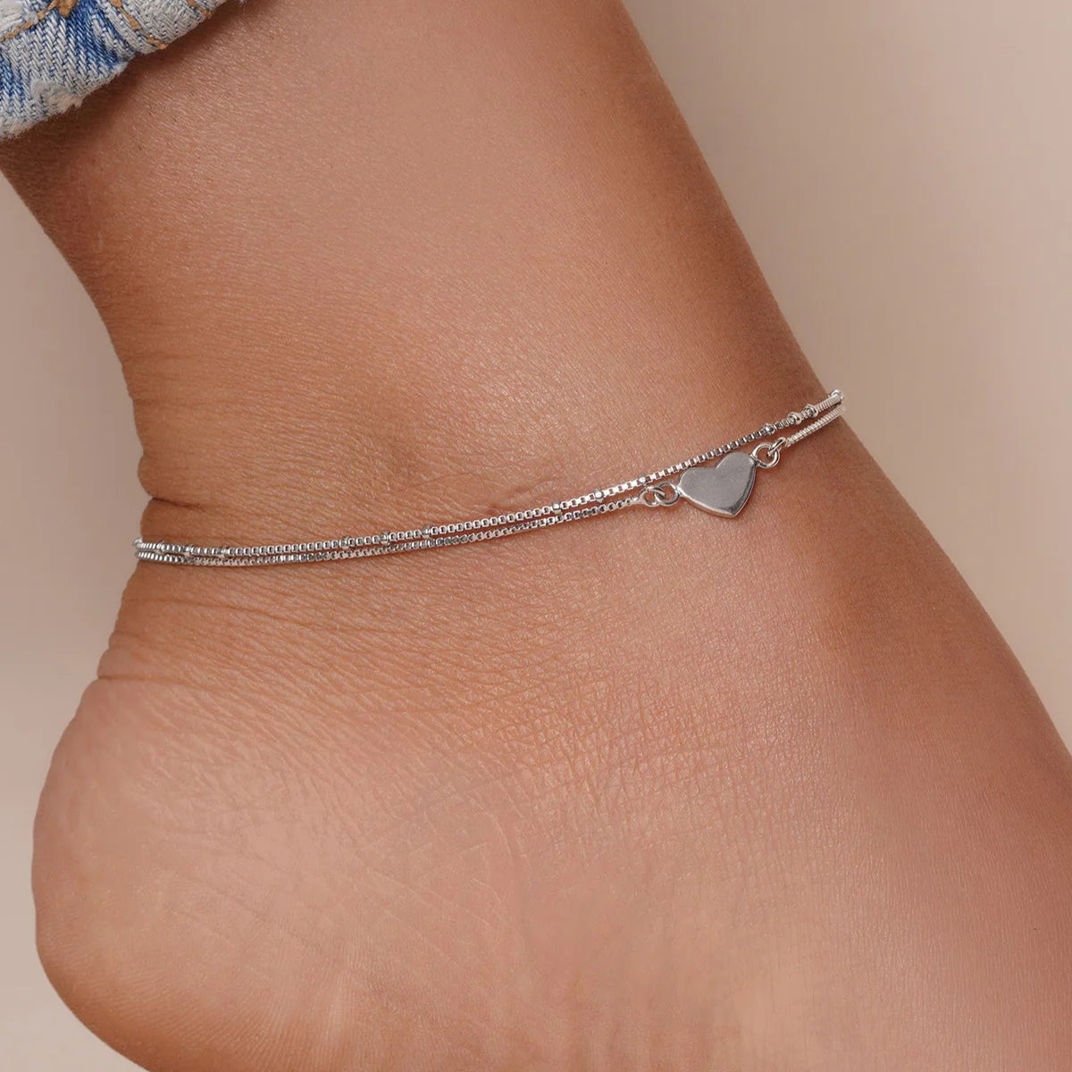 Sterling Silver Double Strand Heart Anklet