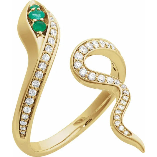Emerald accented Diamond Snake Ring