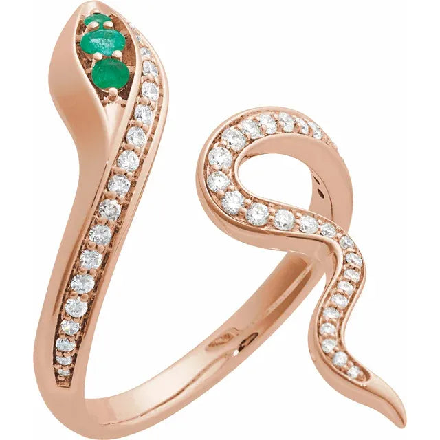 Emerald accented Diamond Snake Ring