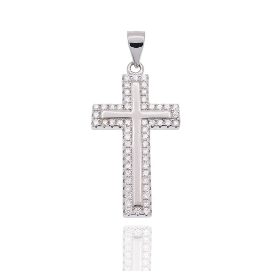 Sterling Silver Moissanite Border Cross Pendant