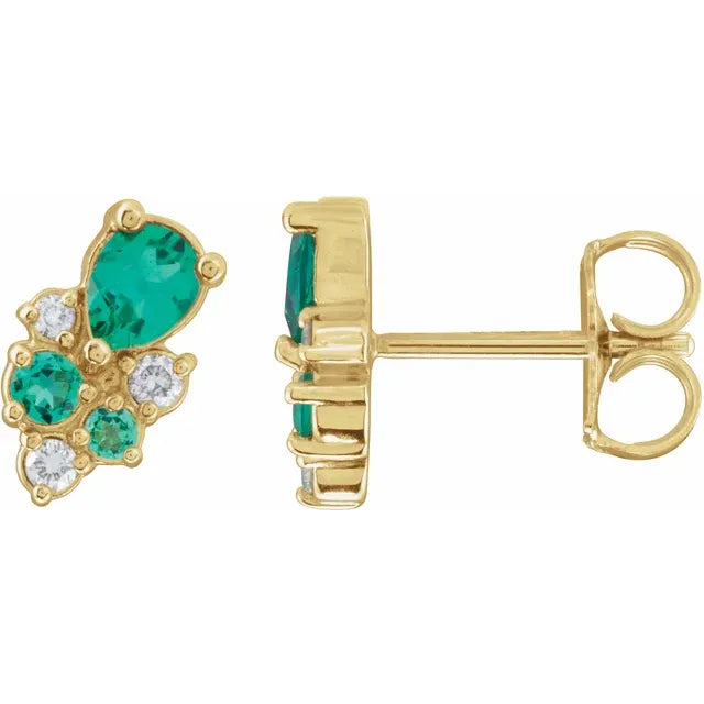 Lab Emerald and Lab Diamond Cluster Earrings