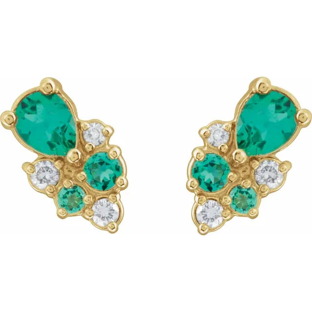 Lab Emerald and Lab Diamond Cluster Earrings