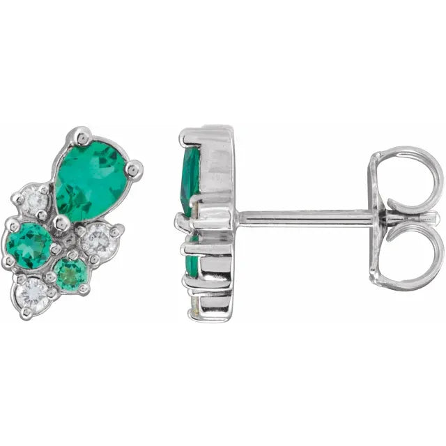 Lab Emerald and Lab Diamond Cluster Earrings