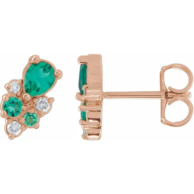 Lab Emerald and Lab Diamond Cluster Earrings