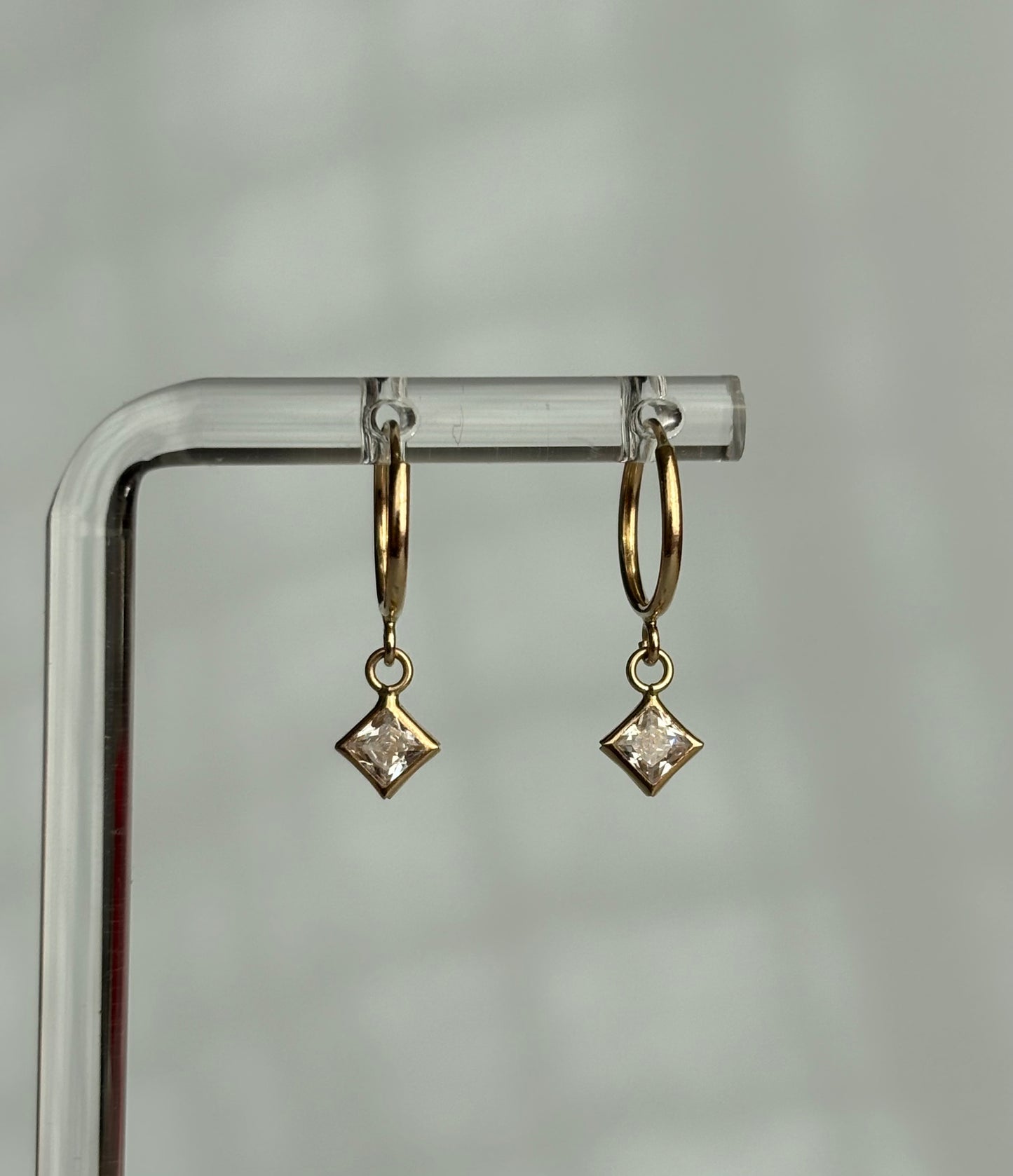 Gold Bezeled Princess Dangle Earrings