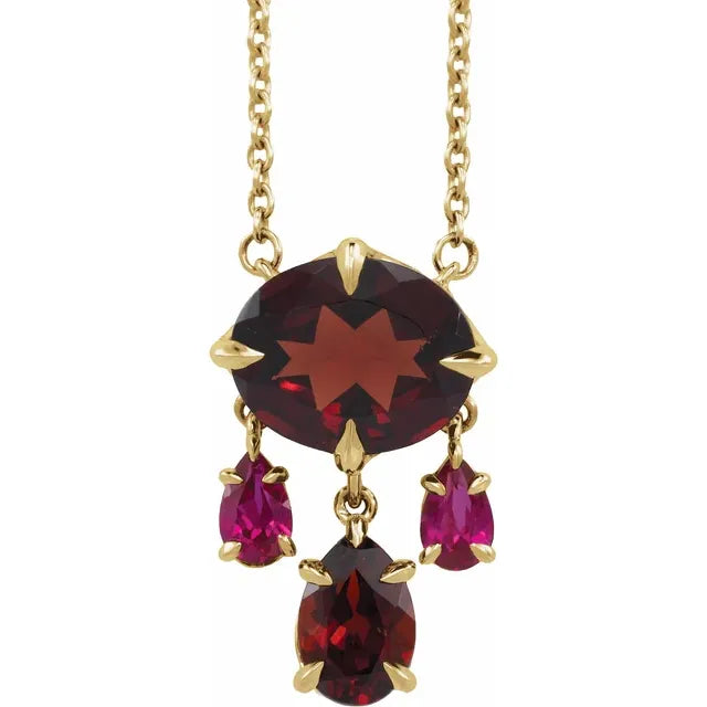 Natural Mozambique garnet and lab grown ruby dangle necklace