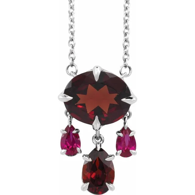 Natural Mozambique garnet and lab grown ruby dangle necklace
