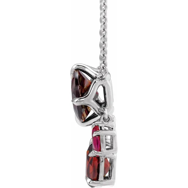 Natural Mozambique garnet and lab grown ruby dangle necklace