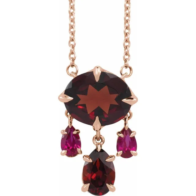 Natural Mozambique garnet and lab grown ruby dangle necklace