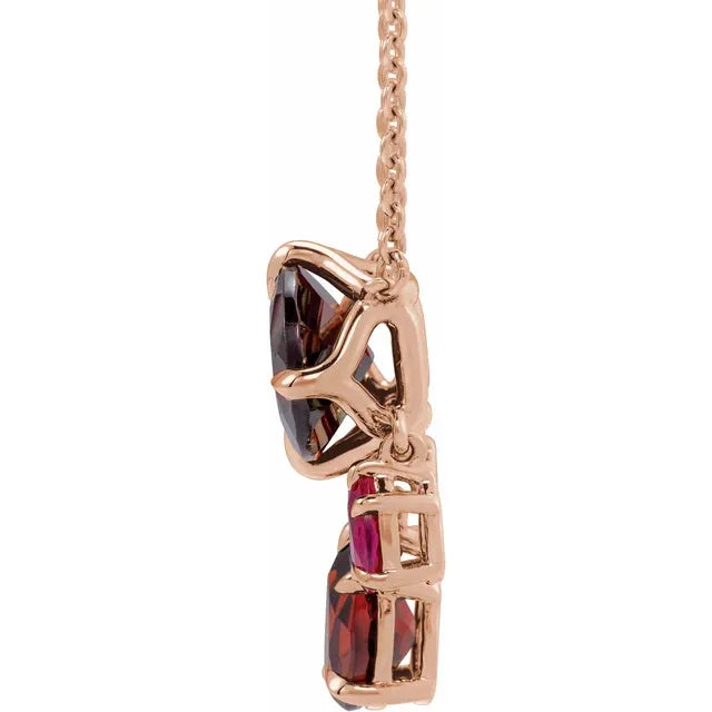 Natural Mozambique garnet and lab grown ruby dangle necklace